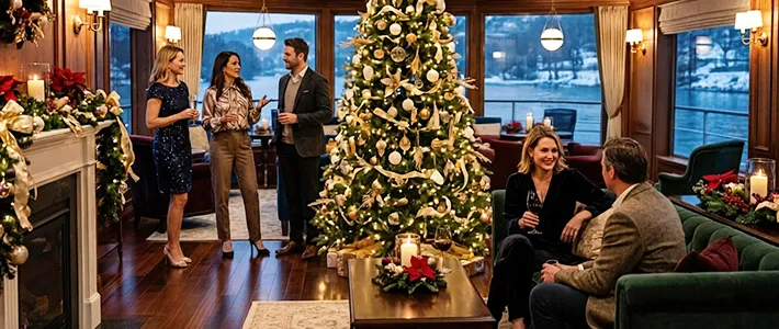 Crucero fluvial decorado para Navidad con árbol navideño